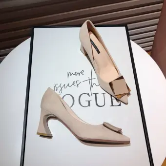 Modest Simple Beige Casual Suede Pumps 2020 6 Cm Thick Heels Pointed Toe Pumps