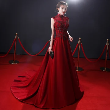 Chinese Style Burgundy Evening Dresses 2018 A Line Princess Beading Crystal Pearl Lace Flower High Neck Backless Sleeveless Sweep Train Formal Dresses