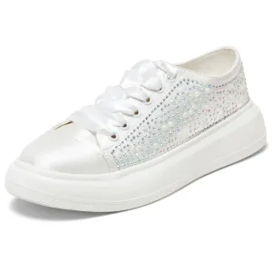 Mode Ivoire Faux Diamant Mariage Baskets 2024 4 Cm Plateforme À Bout Rond Chaussure De Mariée