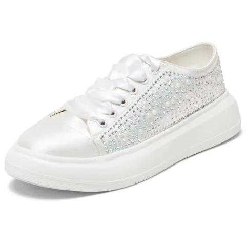Mote Elfenben Rhinestone Bryllup Joggesko 2024 4 cm Platform Rund Tå Brudesko