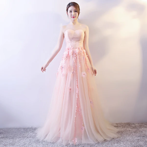 Élégant Perle Rose Robe De Soirée 2018 Princesse Appliques Perlage Paillettes V-Cou Noeud Dos Nu Sans Manches Longue Robe De Ceremonie