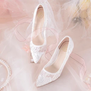 Elegant Ivory Lace Wedding Shoes 2020 7 Cm Stiletto Heels Pointed Toe Pumps