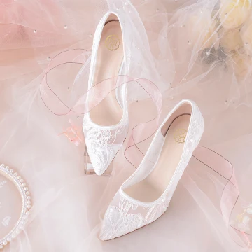 Eleganckie Kość Słoniowa Z Koronki Buty Ślubne 2020 7 Cm Szpilki Szpiczaste Czółenka