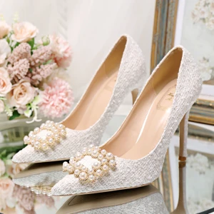 Élégant Ivoire Chaussure De Mariée 2020 Perle Faux Diamant 10 Cm Talons Aiguilles À Bout Pointu Mariage Escarpins