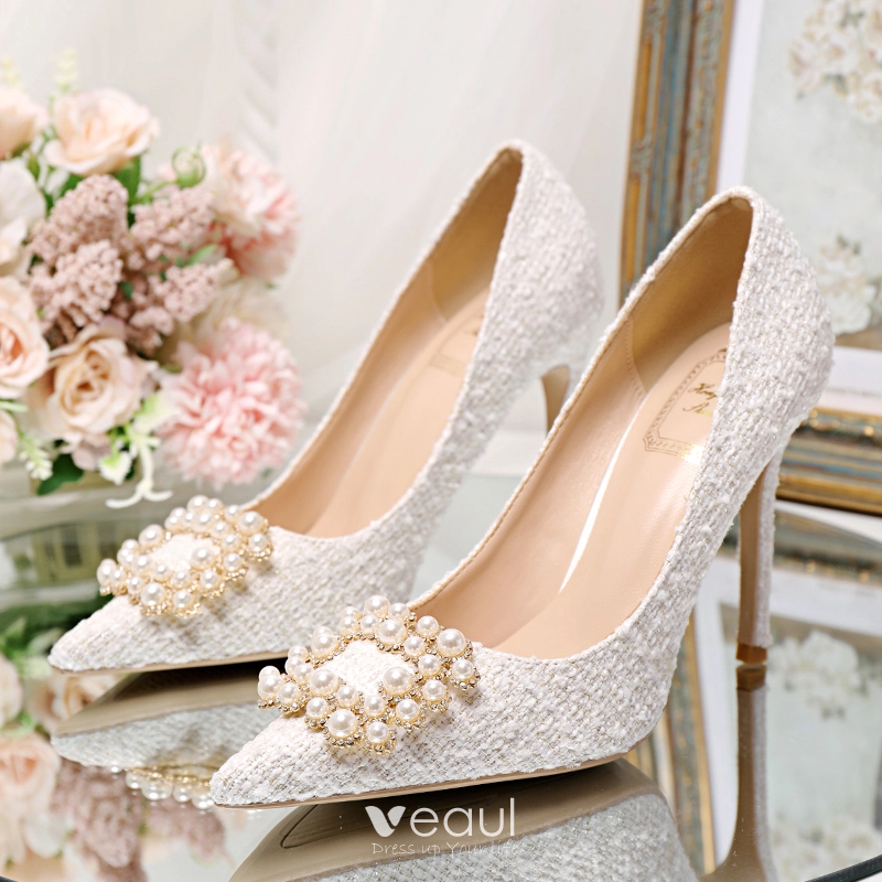 Elegant Ivory Wedding Shoes 2020 Pearl Rhinestone 10 cm Stiletto Heels Pointed Toe Wedding Pumps