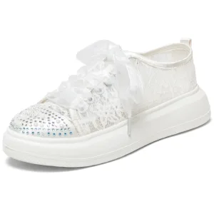 Élégant Ivoire En Dentelle Fleur Faux Diamant Mariage Baskets 2024 4 Cm Plateforme À Bout Rond Chaussure De Mariée