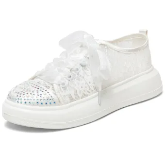 Elegant Ivory Lace Flower Rhinestone Wedding Sneakers 2024 4 Cm Platform Round Toe Wedding Shoes
