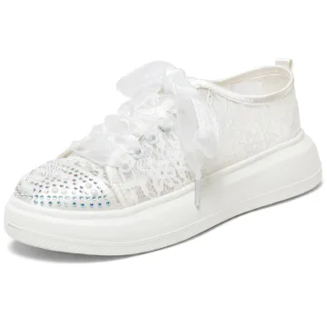 Elegante Ivoor Kant Bloem Rhinestone Huwelijk Sportschoenen 2024 4 Cm Plateau Ronde Neus Bruidsschoenen