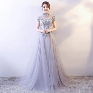 Chinese Style Grey Evening Dresses 2018 A Line Princess Lace Appliques Crystal Pearl Sequins High Neck Backless Short Sleeve Floor Length Long Formal Dresses