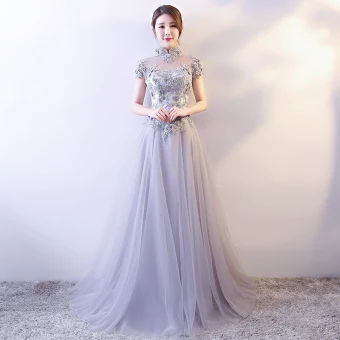Style Chinois Gris Robe De Soirée 2018 Princesse En Dentelle Appliques Cristal Perle Paillettes Col Haut Dos Nu Manches Courtes Longue Robe De Ceremonie