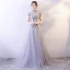 Chinese style Grey Evening Dresses  2018 A-Line / Princess Lace Appliques Crystal Pearl Sequins High Neck Backless Short Sleeve Floor-Length / Long Formal Dresses