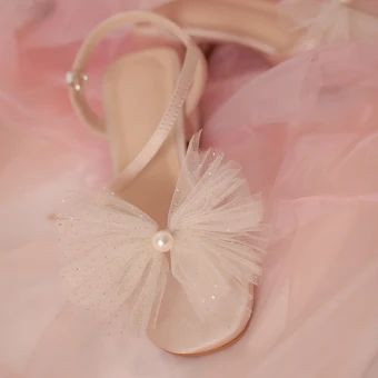Sexy Champagne Pearl Bow Wedding Shoes 2020 Slingbacks 5 Cm Thick Heels Open Peep Toe Wedding Sandals