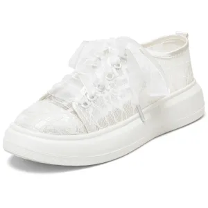 Edles Ivory Creme Schleife Spitze Blumen Hochzeit Turnschuhe 2024 4 Cm Plateau Runde Zeh Brautschuhe
