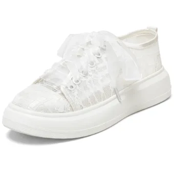 Classy Ivory Bow Lace Flower Wedding Sneakers 2024 4 Cm Platform Round Toe Wedding Shoes