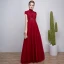 Chinese style Burgundy Evening Dresses  2018 A-Line / Princess Beading Crystal Sequins High Neck Short Sleeve Floor-Length / Long Formal Dresses