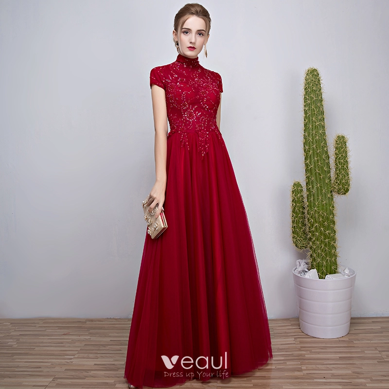 Chinese style Burgundy Evening Dresses 2018 A Line Princess Beading Crystal Sequins High Neck Short Sleeve Floor Length Long Formal Dresses