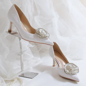 Elegante Witte Pailletten Bruidsschoenen 2020 Rhinestone Bloem 7 Cm Naaldhakken Stiletto Spitse Neus Huwelijk Pumps