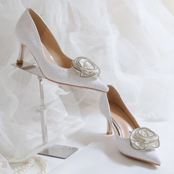 Élégant Blanche Paillettes Chaussure De Mariée 2020 Faux Diamant Fleur 7 Cm Talons Aiguilles À Bout Pointu Mariage Escarpins
