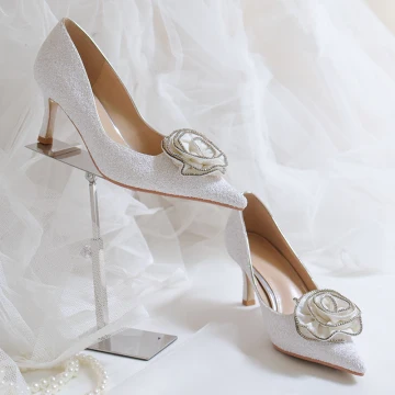 Élégant Blanche Paillettes Chaussure De Mariée 2020 Faux Diamant Fleur 7 Cm Talons Aiguilles À Bout Pointu Mariage Escarpins