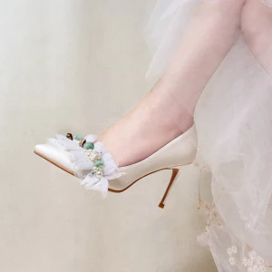 Chic Beautiful White Leather Wedding Shoes 2020 Pearl Appliques 8 Cm Stiletto Heels Pointed Toe Wedding Pumps