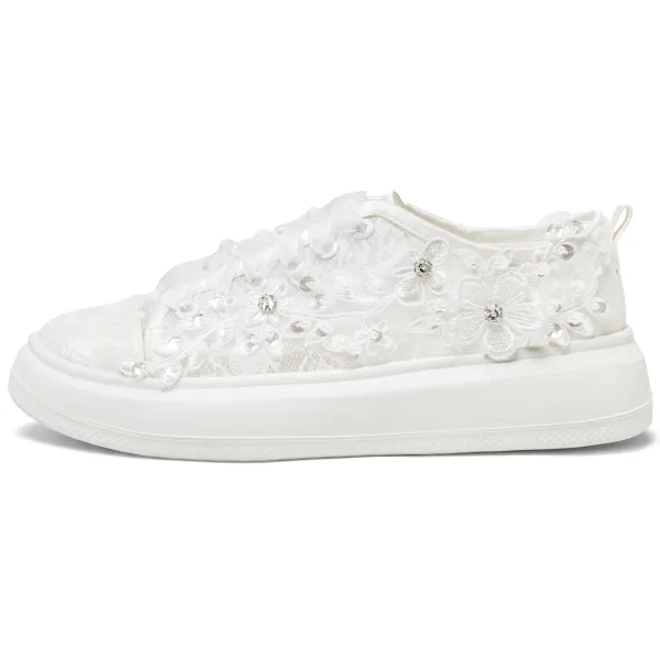 Elegant Ivory Rhinestone Lace Flower Wedding Sneakers 2024 4 cm Platform Round Toe Wedding Shoes