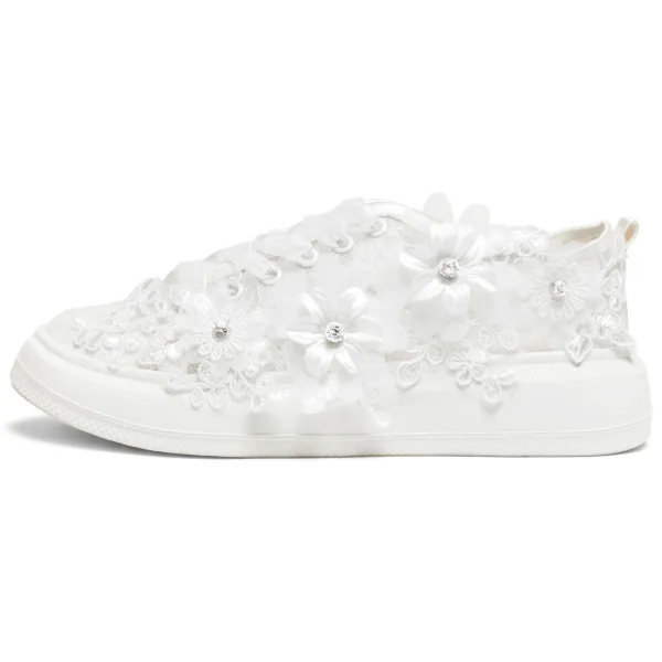 Mode Ivoire En Dentelle Fleur Appliques Faux Diamant Mariage Baskets 2024 4 cm Plateforme À Bout Rond Chaussure De Mariée