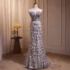 High-end Grey Handmade  Beading Pearl Sequins Feather Evening Dresses 2024 Trumpet / Mermaid Strapless Sleeveless Backless Evening Party Floor-Length / Long Formal Dresses