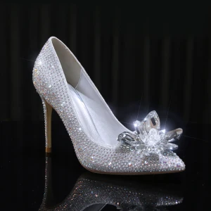 Kopciuszek Srebrny Kryształ Buty Ślubne 2020 Skórzany Rhinestone 10 Cm Szpilki Szpiczaste Ślub Czółenka