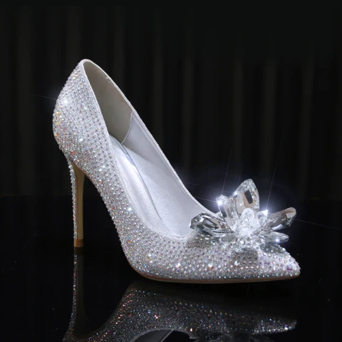 Cenicienta Plata Crystal Zapatos de novia 2020 Cuero Rhinestone 10 cm Stilettos / Tacones De Aguja Punta Estrecha Boda Tacones