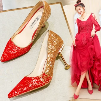 Sparkly Gold Red Sequins Wedding Shoes 2020 Rhinestone 9 Cm Stiletto Heels Pointed Toe Wedding Pumps