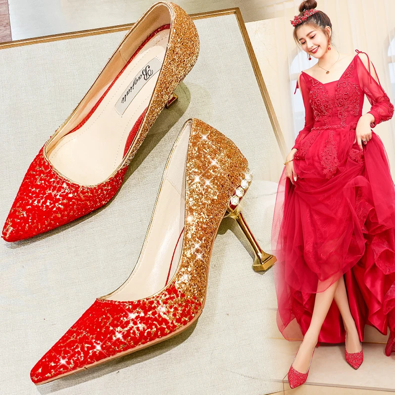 Sparkly Gold Red Sequins Wedding Shoes 2020 Rhinestone 9 Cm Stiletto Heels  Pointed Toe Wedding Pumps