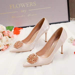 Chinese Style Champagne Wedding Shoes 2020 Leather Pearl Rhinestone 9 Cm Stiletto Heels Pointed Toe Wedding Pumps