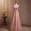 Chic / Beautiful Blushing Pink Beading Appliques Lace Flower Prom Dresses 2024 A-Line / Princess V-Neck Sleeveless Backless Floor-Length / Long Prom Formal Dresses