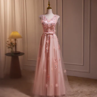 Chic Beautiful Blushing Pink Beading Appliques Lace Flower Prom Dresses 2024 A Line Princess V Neck Sleeveless Backless Floor Length Long Prom Formal Dresses
