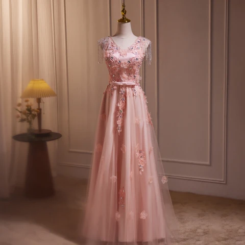 Schöne Rosa Perlenstickerei Applikationen Spitze Blumen Ballkleider 2024 A Linie V-Ausschnitt Ärmellos Rückenfreies Lange Ball Festliche Kleider