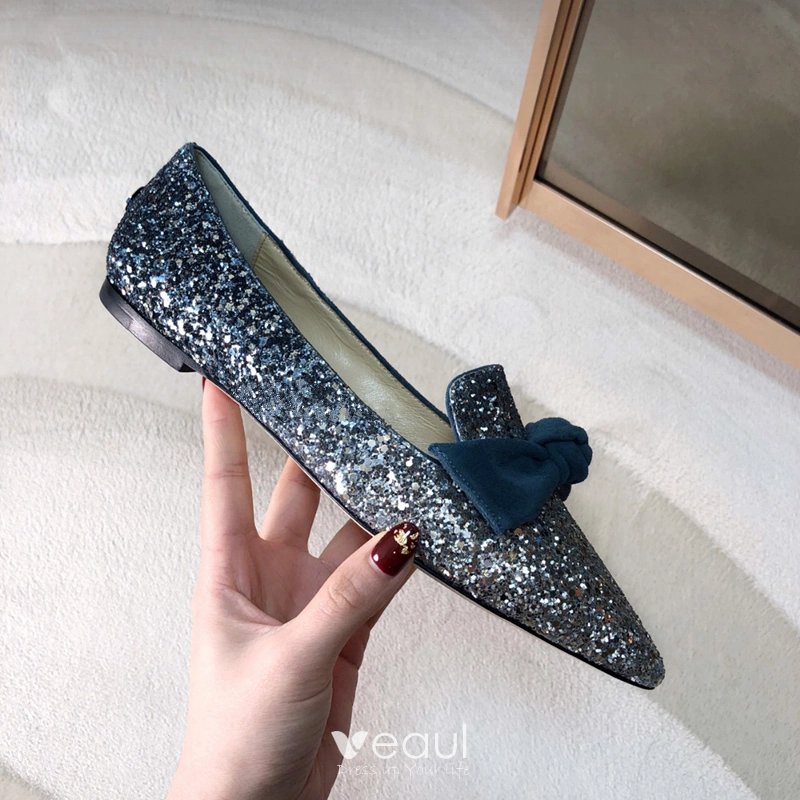 Sparkly Gradient Color Prom Flat Womens Shoes 2020 Sequins Bow Pointed Toe Heels