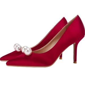 Chinese Style Red Pearl Wedding Shoes 2020 8 Cm Stiletto Heels Pointed Toe Wedding Pumps