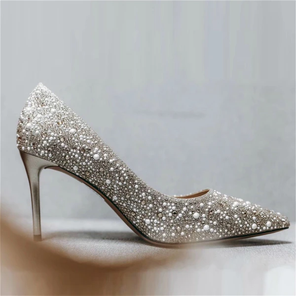 Charming Sparkly Gold Rhinestone Pearl Wedding Shoes 2020 7 cm Stiletto Heels Pointed Toe Wedding Pumps
