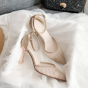 Sexy Champagner Abend Sandalen Damen 2020 Knöchelriemen Pailletten 8 Cm Stilettos Spitzschuh Sandaletten