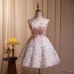Flower Fairy Blushing Pink Sequins Appliques Short Prom Dresses 2024 Strapless Sleeveless Backless Prom Formal Dresses