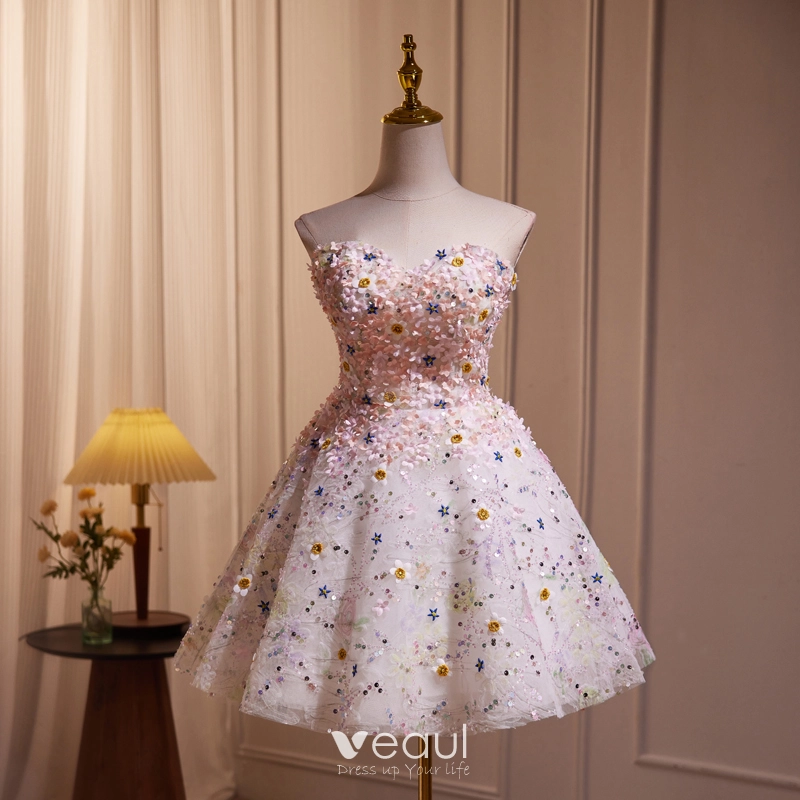 Flower Fairy Blushing Pink Sequins Appliques Short Prom Dresses 2024  Strapless Sleeveless Backless Prom Formal Dresses