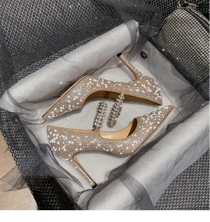Glitter Charmant Champagne Bruidsschoenen 2020 Leer Rhinestone Parel 8 Cm Naaldhakken Stiletto Spitse Neus Huwelijk Pumps