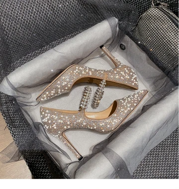 Glittrande Charmig Champagne Brudskor 2020 Läder Rhinestone Pärla 8 Cm Stilettklackar Spetsiga Bröllop Pumps