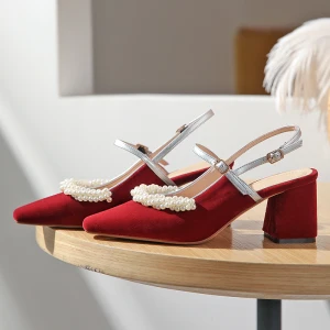 Élégant Bordeaux Promo Slingbacks Chaussures Femmes 2020 Perle 6 Cm Talons Épais À Bout Pointu Talons