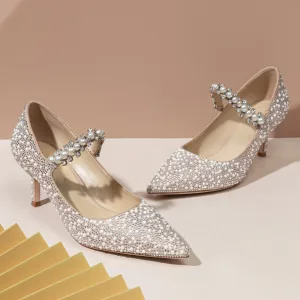 Luxe Rougissant Rose Perle Faux Diamant Chaussure De Mariée 2020 Cuir 8 Cm Talons Aiguilles À Bout Pointu Mariage Escarpins