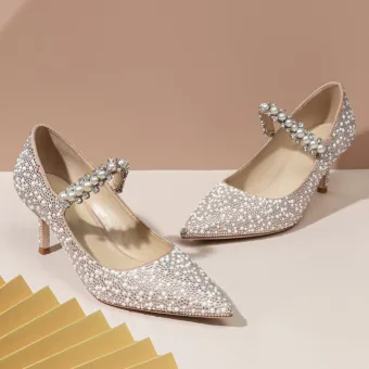 Luxury Gorgeous Blushing Pink Pearl Rhinestone Wedding Shoes 2020 Leather 8 Cm Stiletto Heels Pointed Toe Wedding Pumps