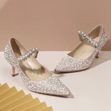 Luksusowe Rumieniąc Różowy Perła Rhinestone Buty Ślubne 2020 Skórzany 8 Cm Szpilki Szpiczaste Ślub Czółenka