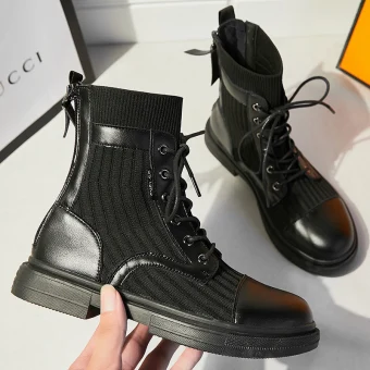 Modest Simple Black Street Wear Knitting Flat Womens Boots 2020 Ankle Round Toe Boots