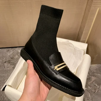 Chic Beautiful Black Street Wear Ankle Knitting Flat Womens Boots 2020 Leather Round Toe Boots