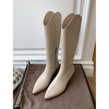 Fashion Beige Street Wear Mid Calf Womens Boots 2020 Leather 4 Cm Thick Heels Low Heel Pointed Toe Boots